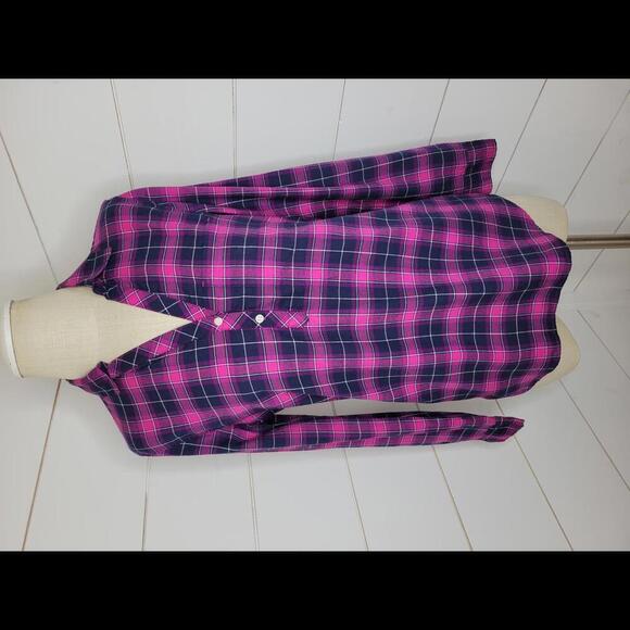 J. Crew Tops - J Crew XS pink & blue plaid pullover flannel shirt